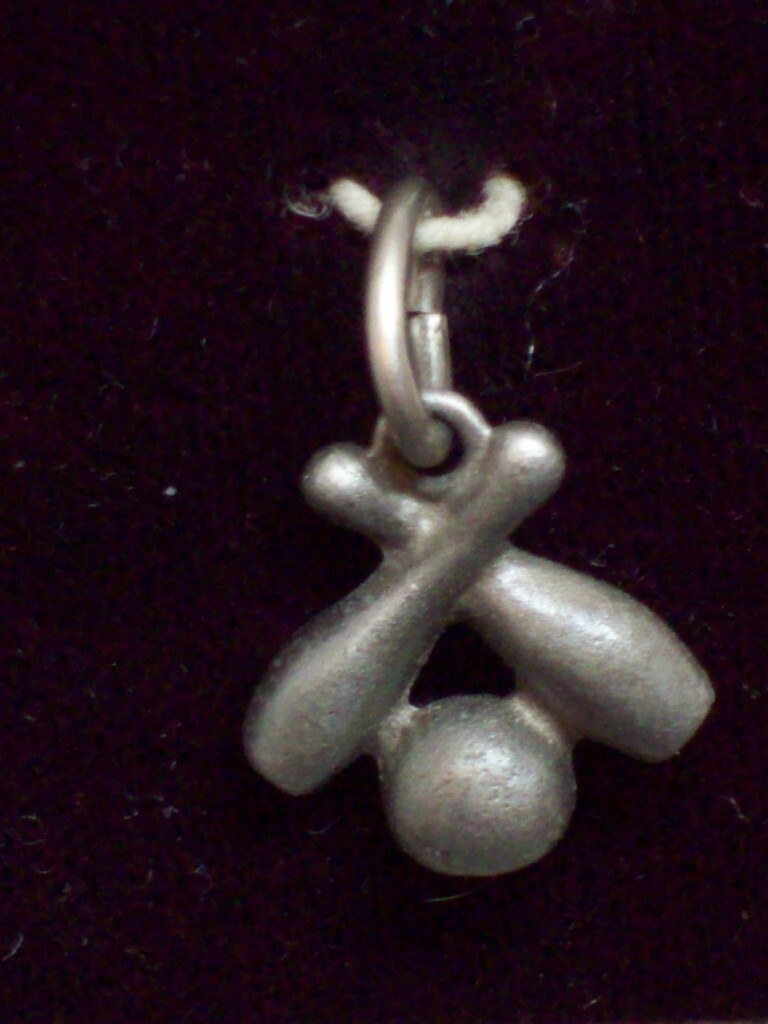 Vintage Revere Pewter Bowling Ball Crossed Pins Charm Small Pendant on Card