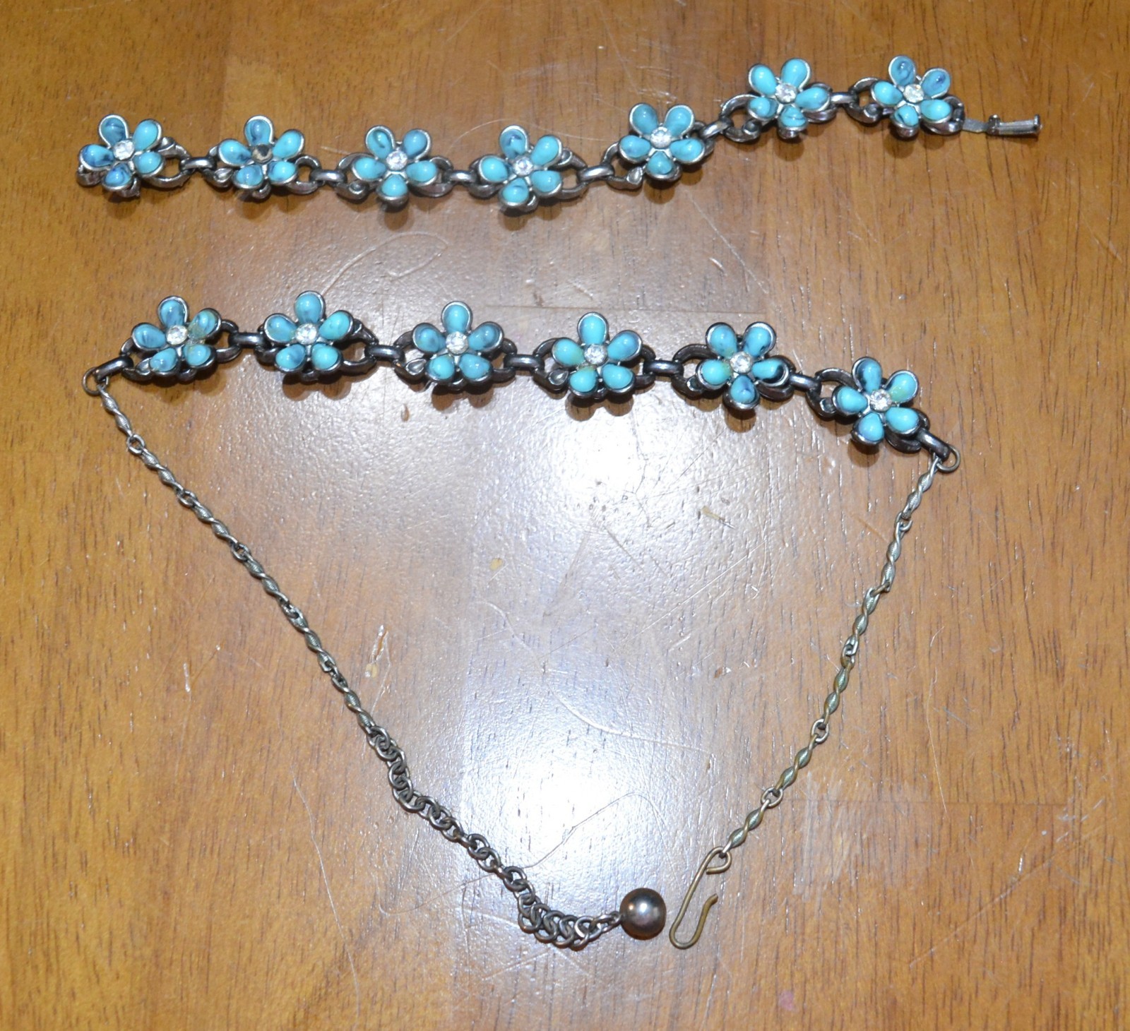 VTG Blue Opal Turquoise & Rhinestone Sterling Silver Bracelet & Necklace Choker