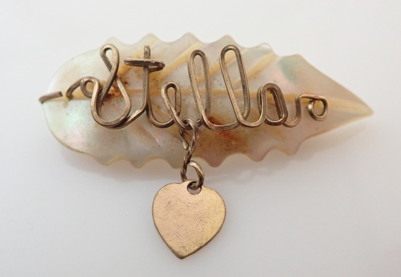 Vintage Gold Filled Wire Mother of Pearl MOP Name “Stella” Leaf Heart Brooch Pin