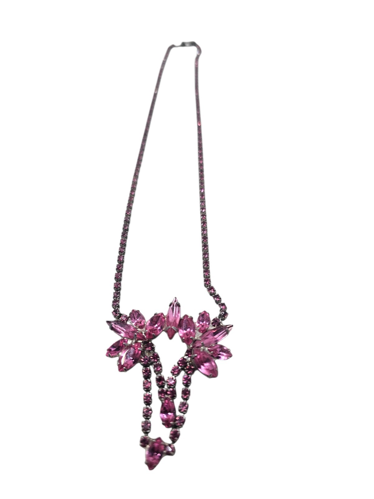 Vintage Pink Purple Rhinestone Statement Necklace Floral Starburst Gunmetal