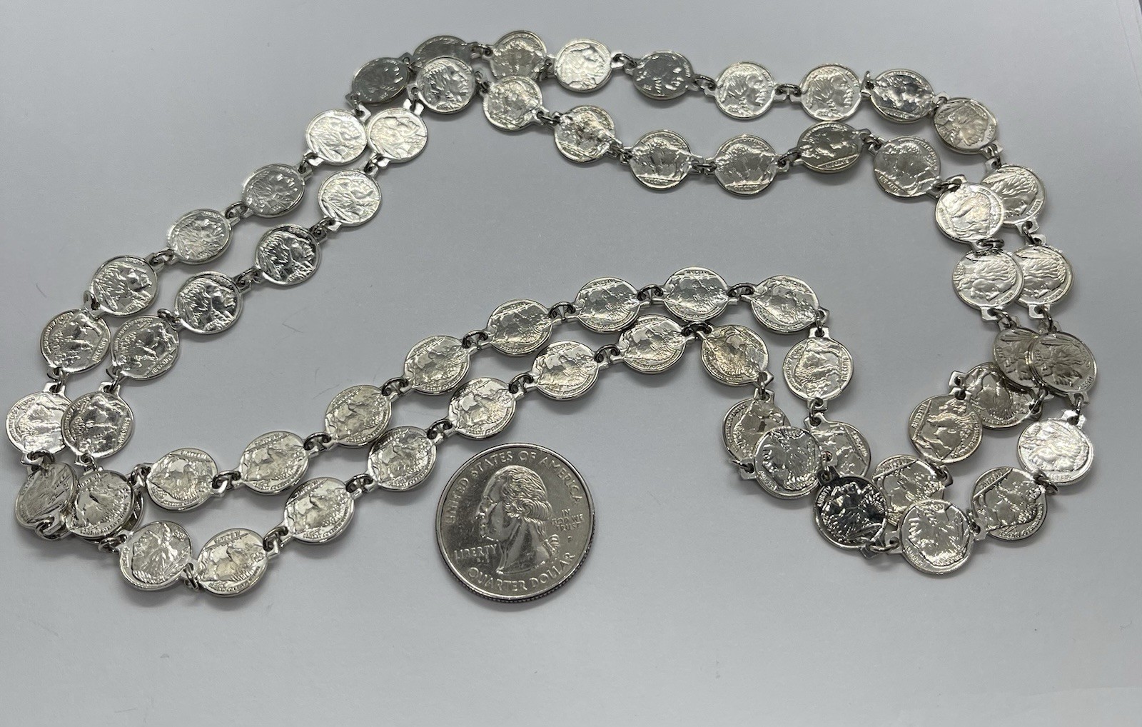 Vintage Southwest Miniature Buffalo Nickel Silvertone Necklace 38”