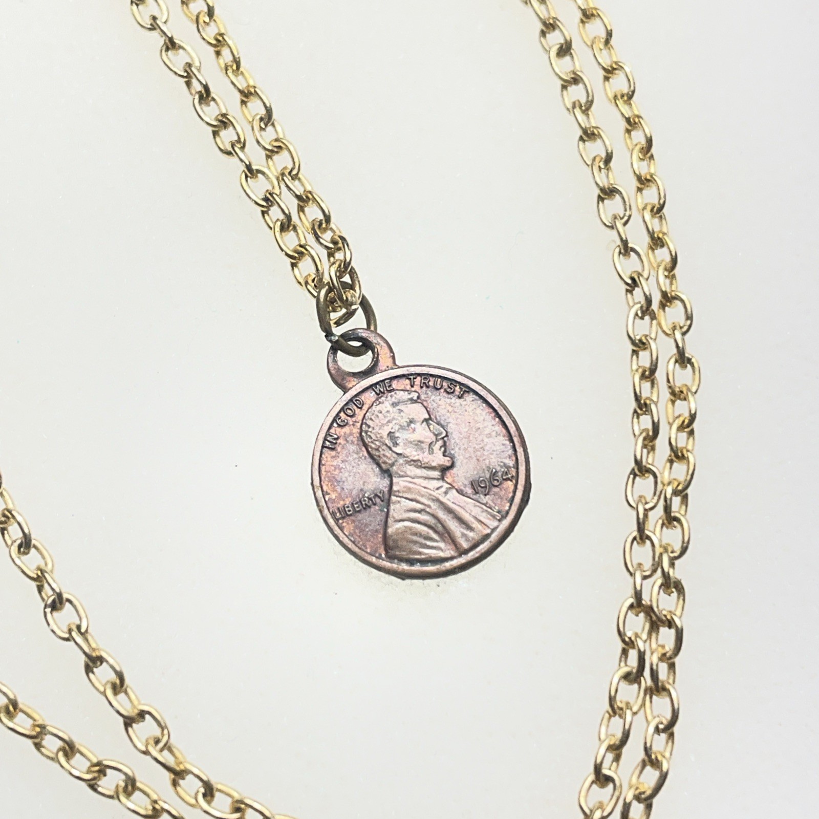 Miniature 1964 penny 1cm Coin Charm Pendent Necklace Vintage 18” gold tone chain