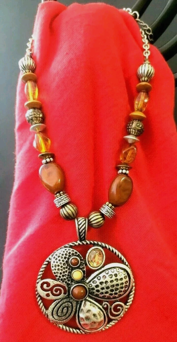 Art Nouveau Style Multi-color Beads Hammered Metal Necklace vtg Estate jewelry