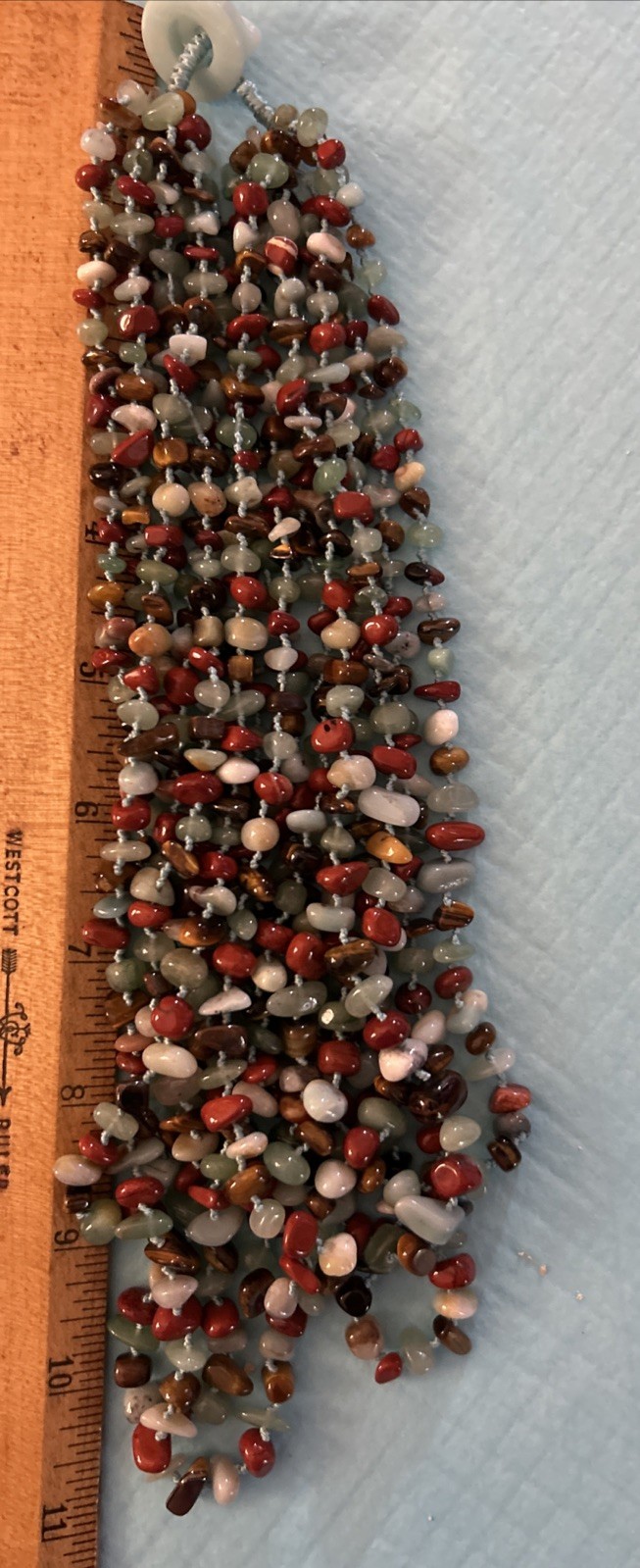 Vtg Multi strand(8)Natural Jade,Tigers Eye,& Jasper Chip Bead Necklace Hand Knot