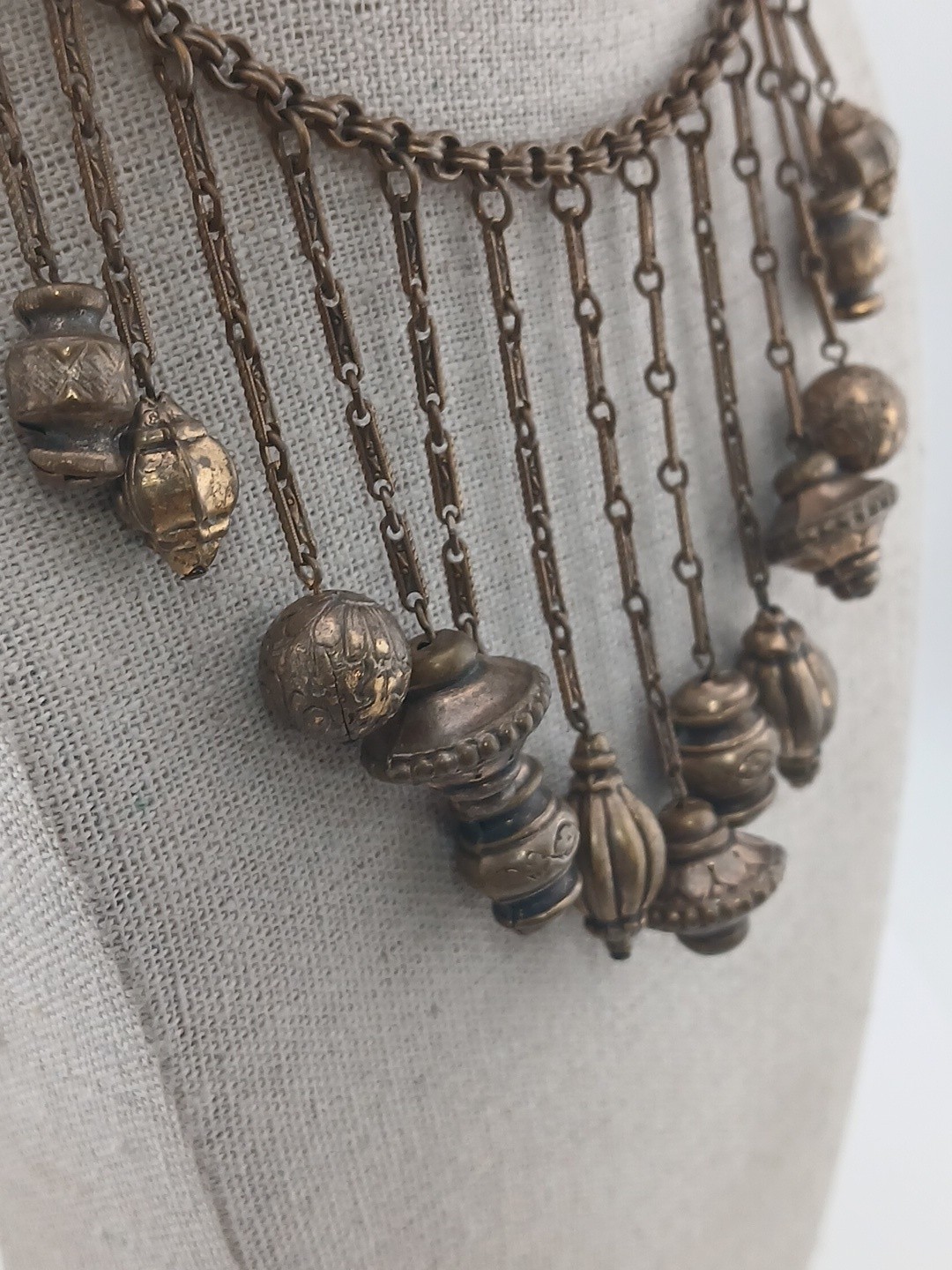 Victorian Revival Russian Gold Festoon Bib Dangling ribbed orbs Collar necklace