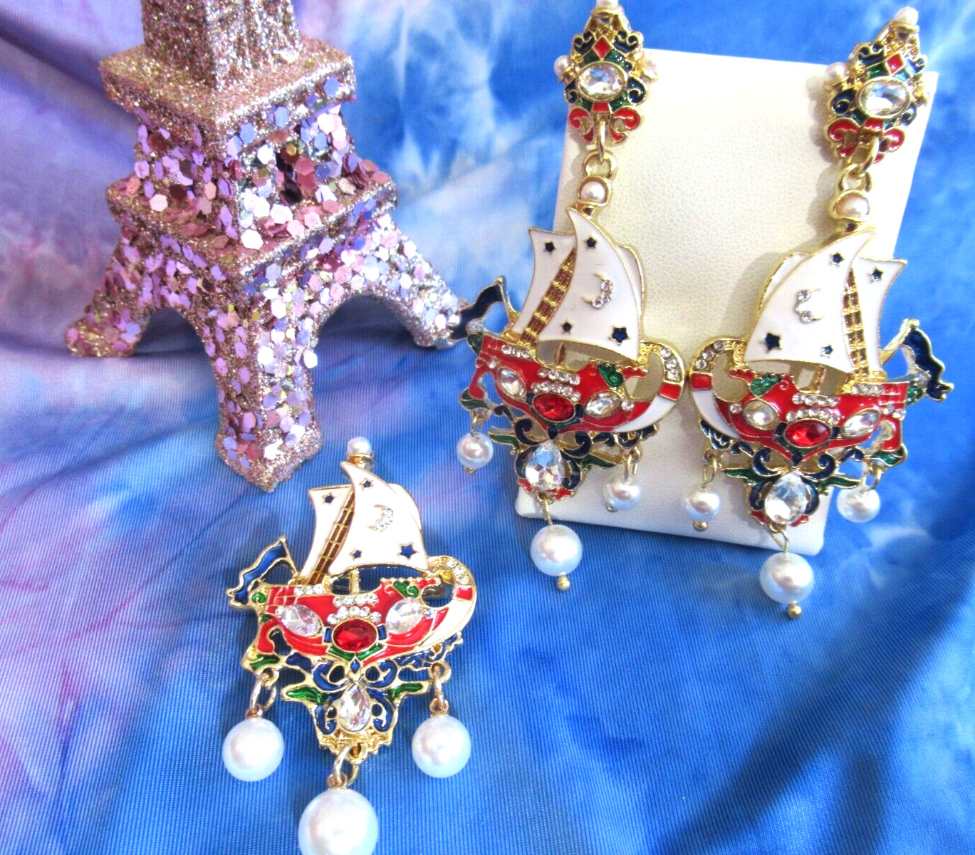 Art Nouveau Earrings Sailboat Ship Boat Pearl Earring & Brooch Crystal Pearl Set