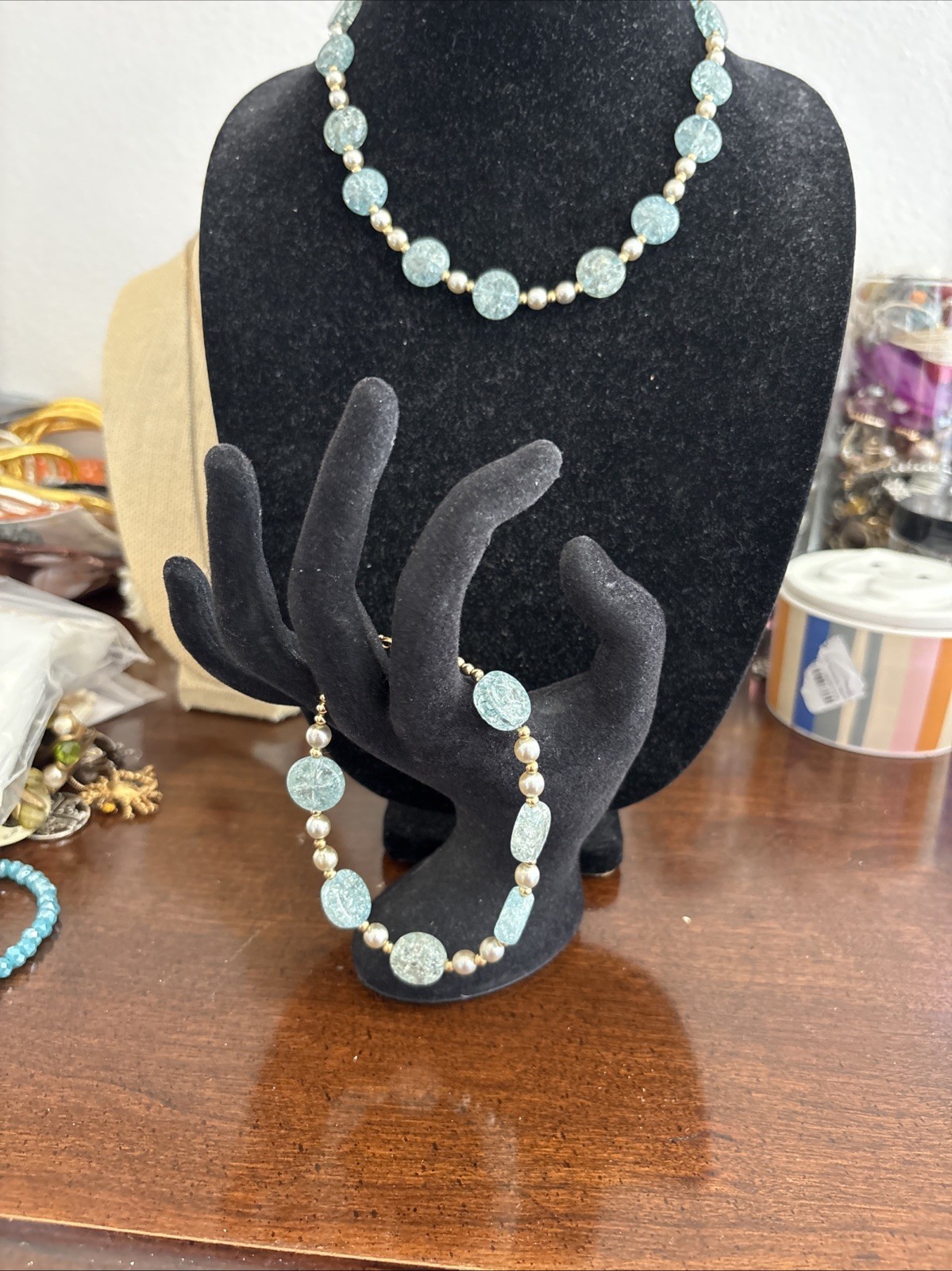 Sterling Silver Vermeil, Blue Glass, Gray Pearl vintage necklace and bracelet