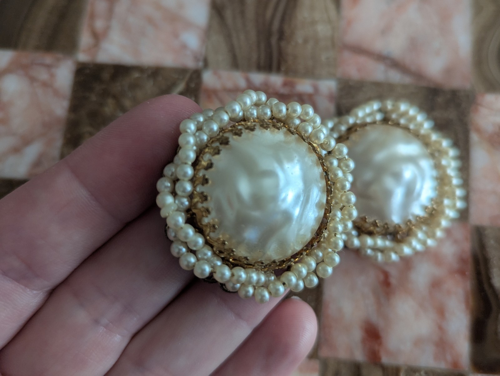 Miriam Haskell Large Pearl Ornate Cluster Statement Art Earrings Vtg Jewelry
