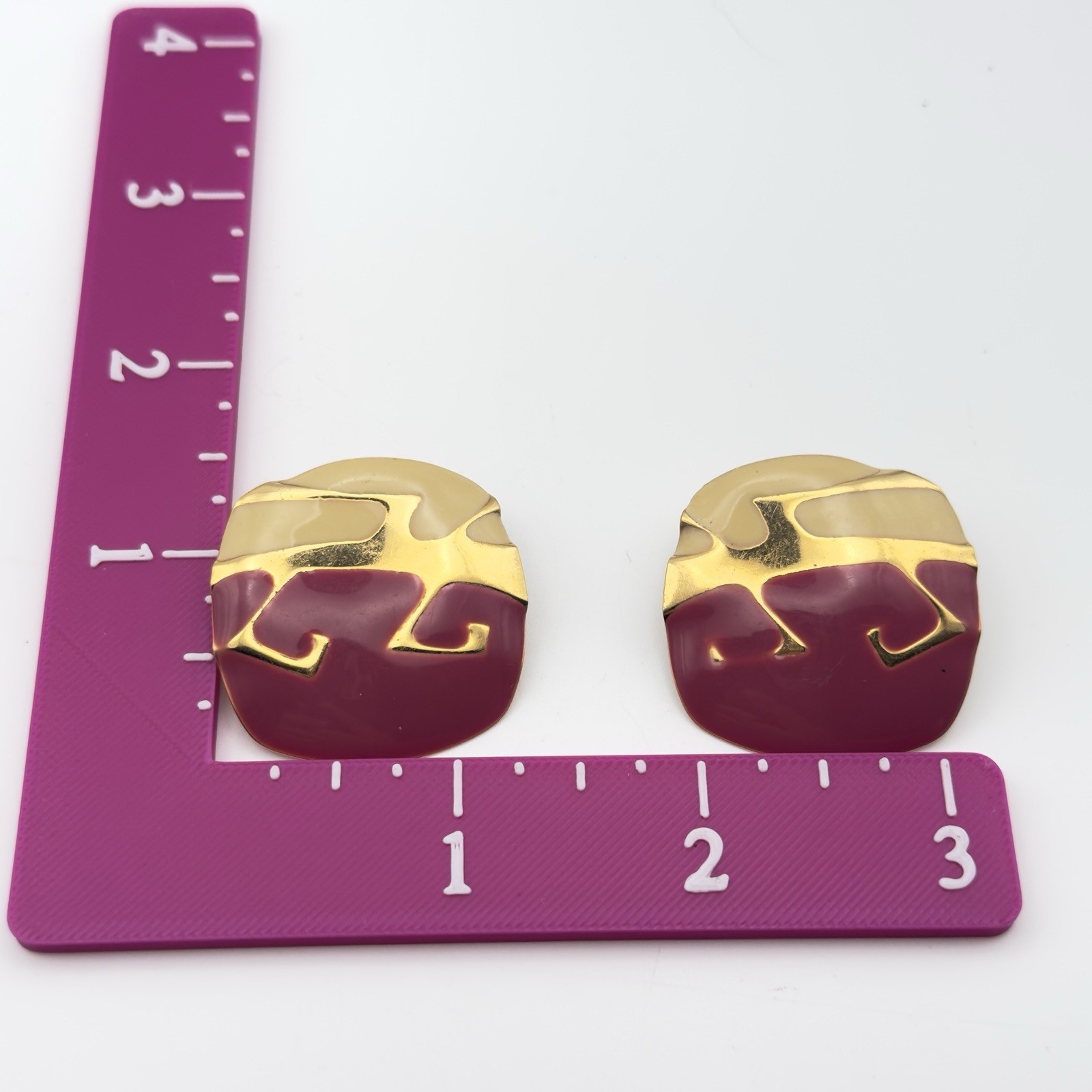 Vintage 80s Abstract Enamel Clip On Earrings Magenta Berry Gold Tone Statement