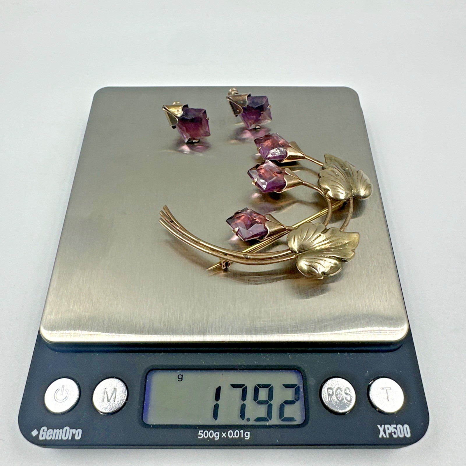 Vtg Sterling Silver Gold Vermeil Purple Rhinestone Flower Brooch & Earrings Set