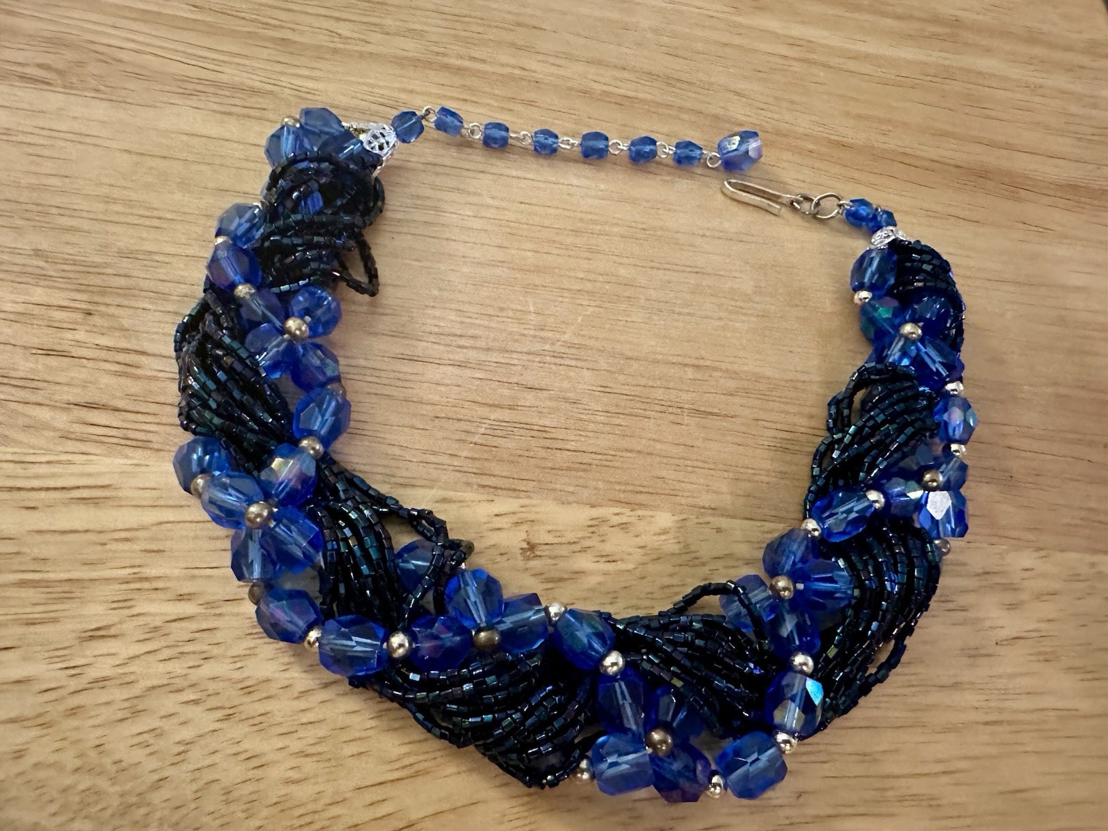 Vintage Deep Cobalt Blue Beaded Choker Necklace.