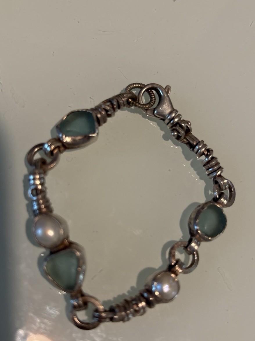 VTG 925 Sterling Silver, Blue Seaglass And Pearl Bracelet 7.5 Handmade 22 Grams