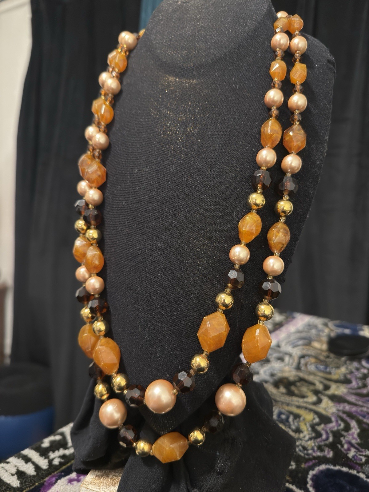 Vintage Made In France Multi Strand Amber Glass Faux Pearl Necklace 1960s-70s