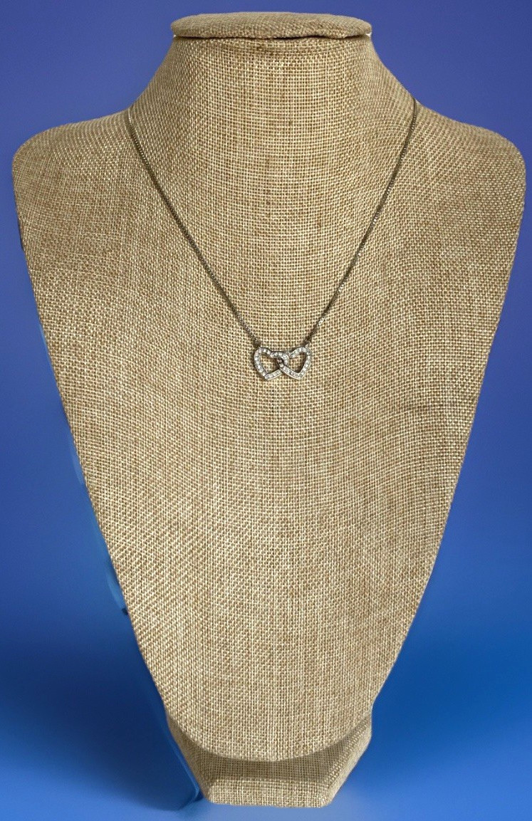 Vtg Adjustable Anne Klein Silver Tone Interlocking Heart Necklace, 16″ – 18-3/4″