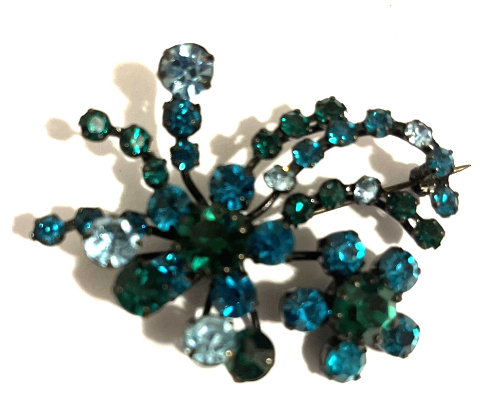 vintage austrian crystal Rhinestones brooch Teal & Light Blue Signed