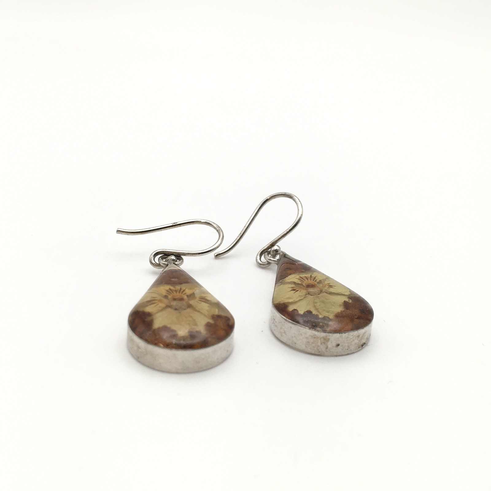 Sterling Silver ATI Dried Flower Resin Teardrop Dangle Earrings 925 Mex 4.5g #61