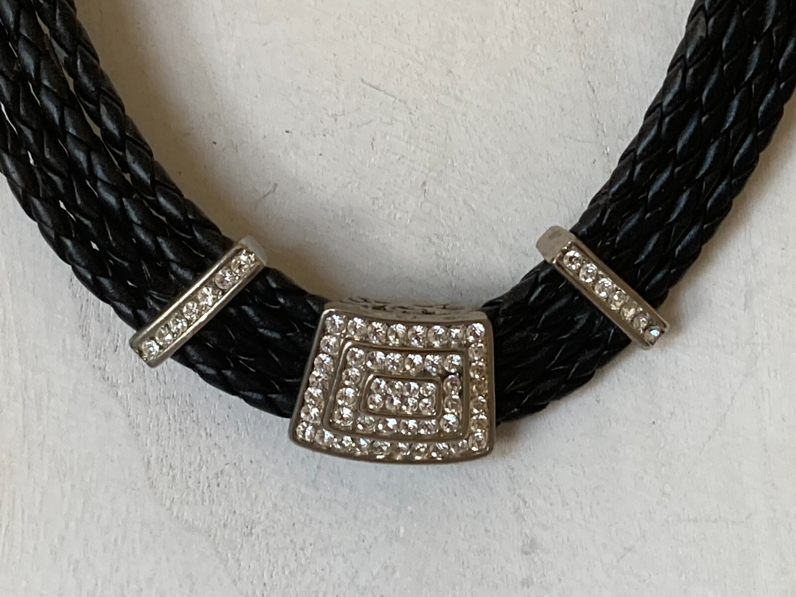 Vintage Rhinestone Accented Black Braided Leather Statement Necklace – 17″