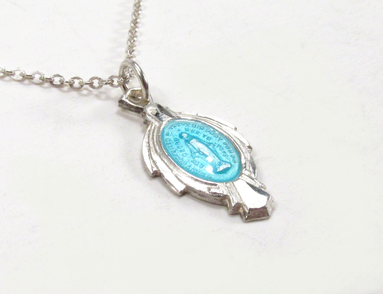 Vtg Catholic Miraculous Medal Sterling Silver Blue Enamel Art Deco Necklace 18″