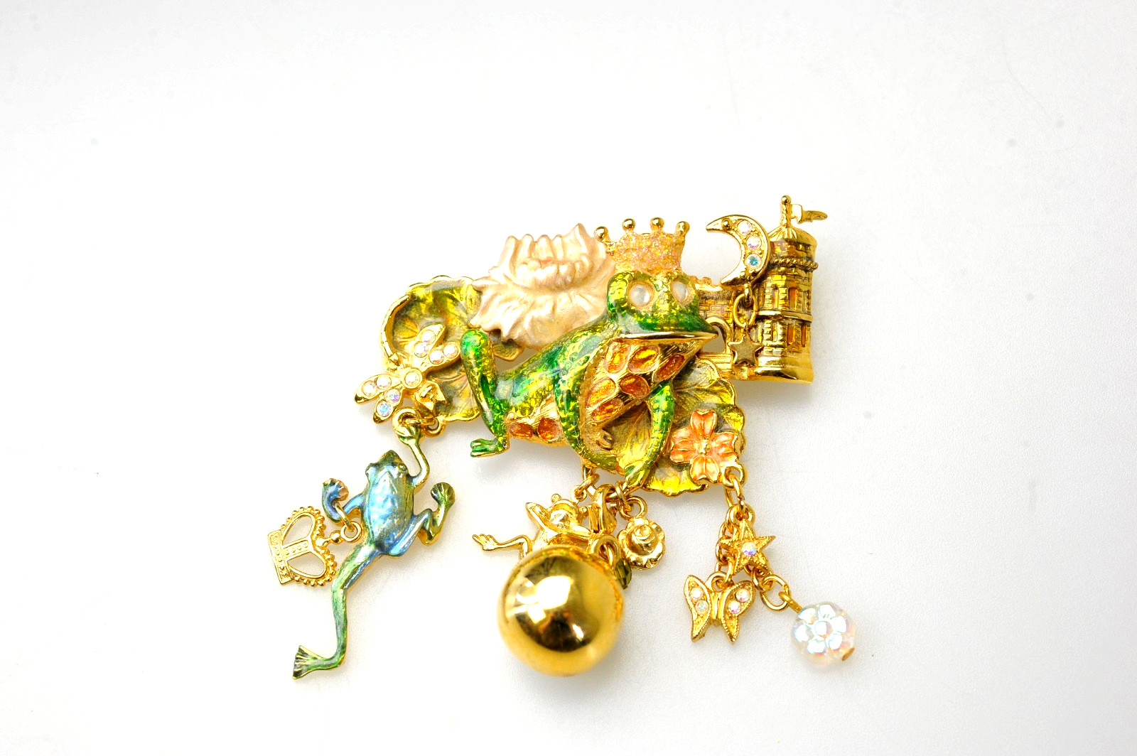 Kirks Folly Brooch dangle charm enamel rhinestone Frog Fairy prince crown AL14