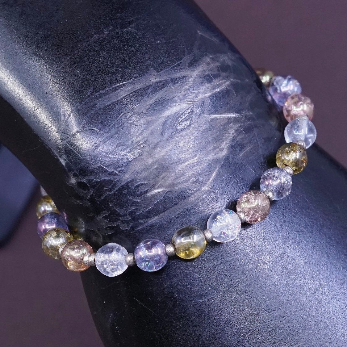 7″, vtg Sterling silver handmade chain crystal beads bracelet w/ toggle closure