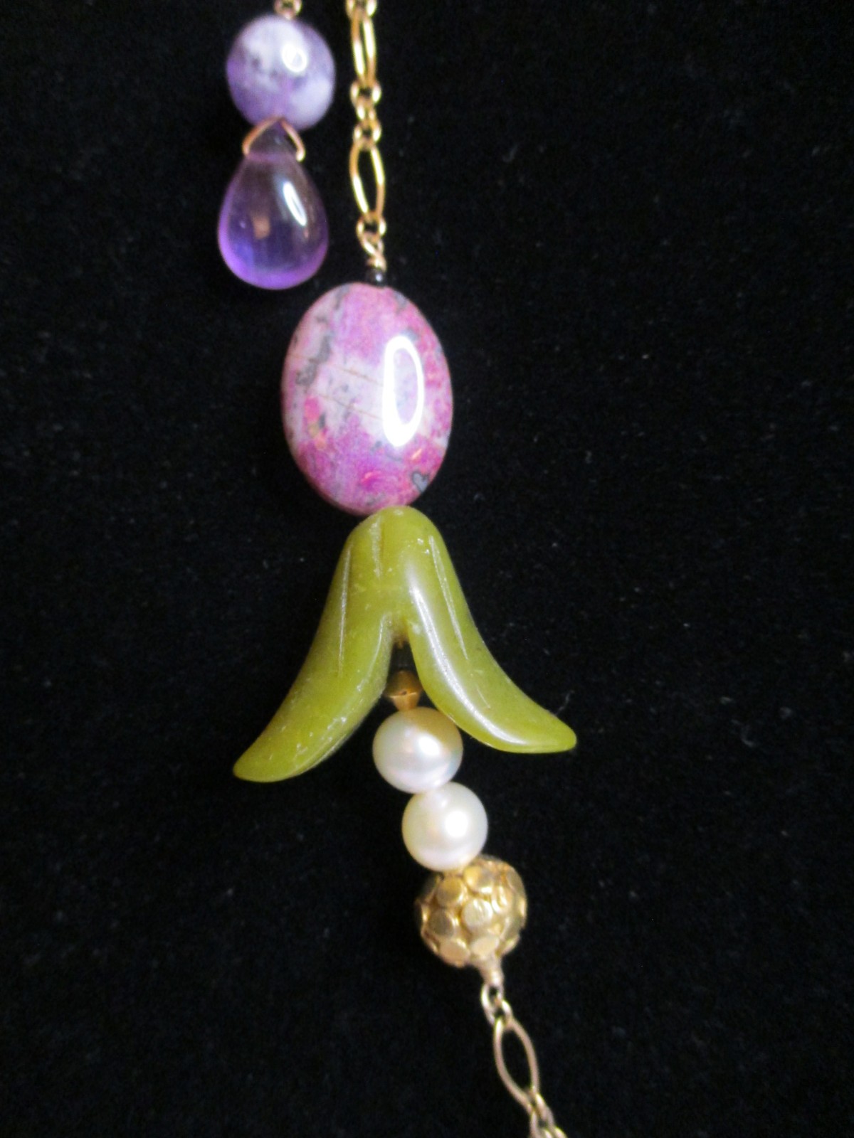 Antique-Like 14K GF Flowerette Necklace w/Jade, Amethyst, Pearl 30.75″L Handmade