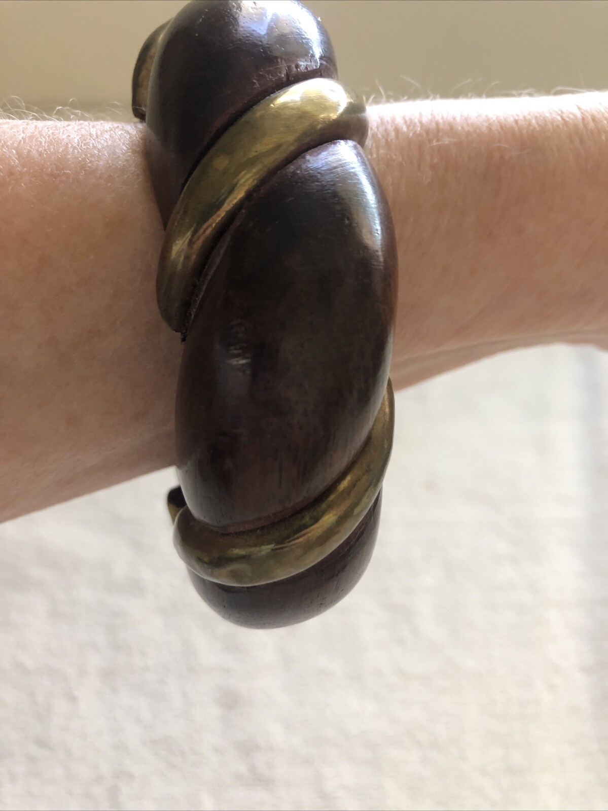 Vintage 1960’s Dark Brown Wooden Bangle with Gold Tone Metal Inlay Bracelet