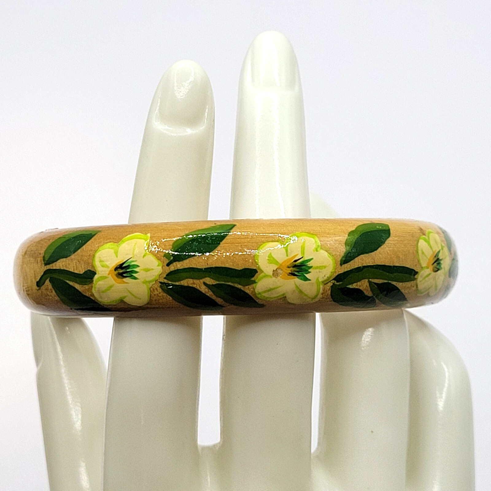 Wood Bangle Hand Painted Cream Flowers Green Leaves Lacquered Bangle Bracelet