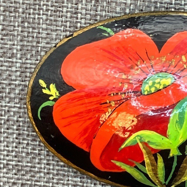 Hand-Painted Floral Brooch Pin 2×1 In Signed HM Oval Red Poppy Flower Black