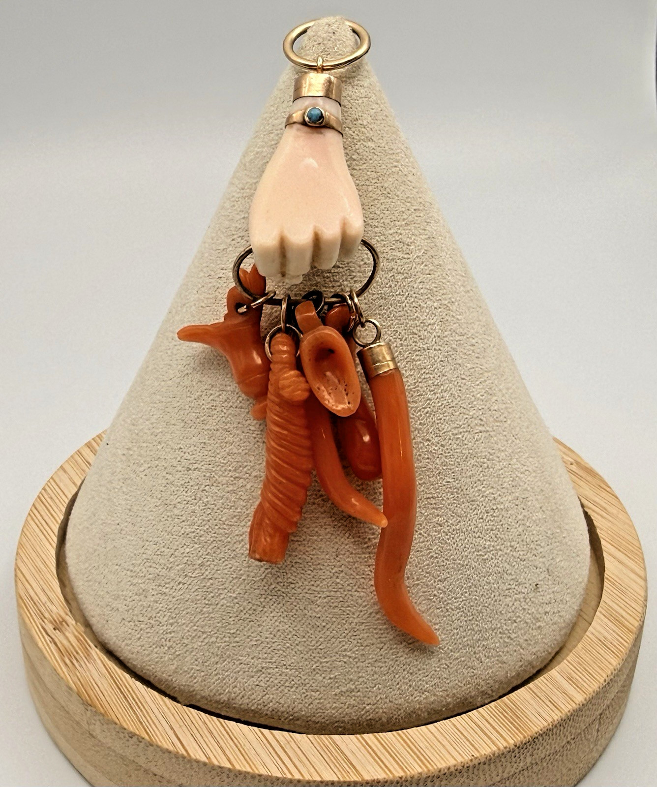 Antique Ca 1830-70s Angle Skin /Orange Coral Hand Figa & Charm Pendant Gold