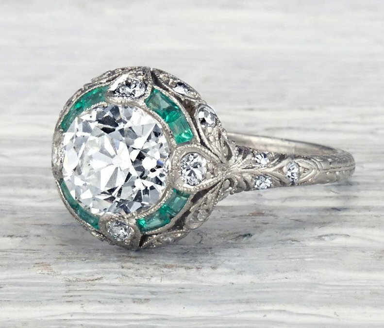 3.30Ct Round Cut CZ and Emerald Antique Art Deco Engagement Ring 925 Silver