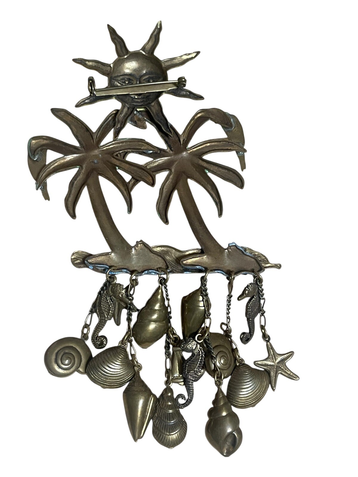 Huge Vintage Figural Palm Trees, Nude On Beach, Dangling Shells, Starfish Brooch
