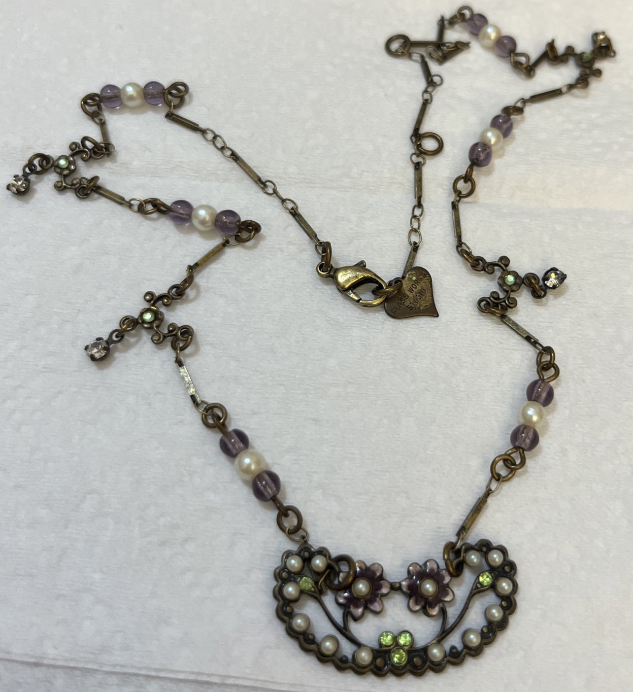 Glass Works Studio Signed Necklace Vintage Hang Tag Flowers Enamel Faux Pearl