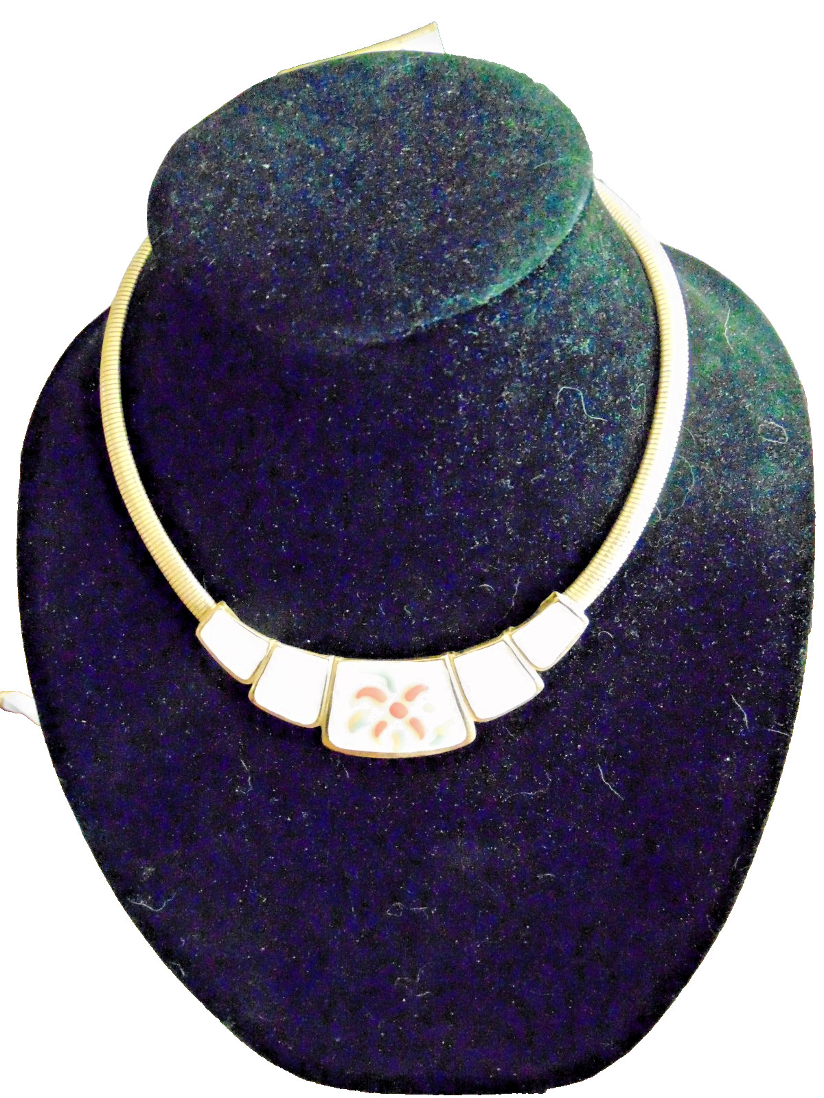 Vtg Cream Enamel Choker Gold Tone Omega Chain 16.5″ Green, Orange & Peach Design
