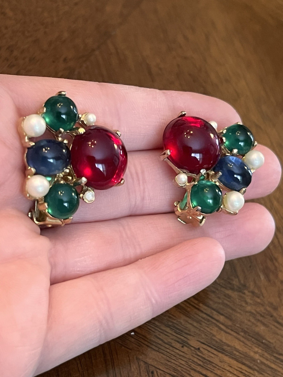 Vintage Moghul Multicolor Glass Cabochon Faux Pearl Stud Earrings Gold Tone Nice