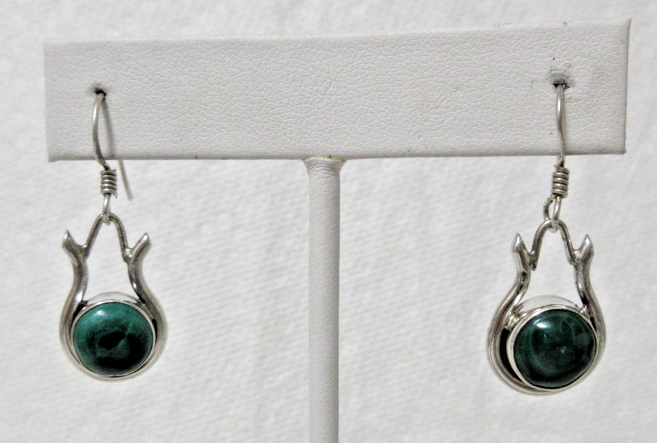 Vintage Sterling Silver Malachite Dangle Pierced Earrings