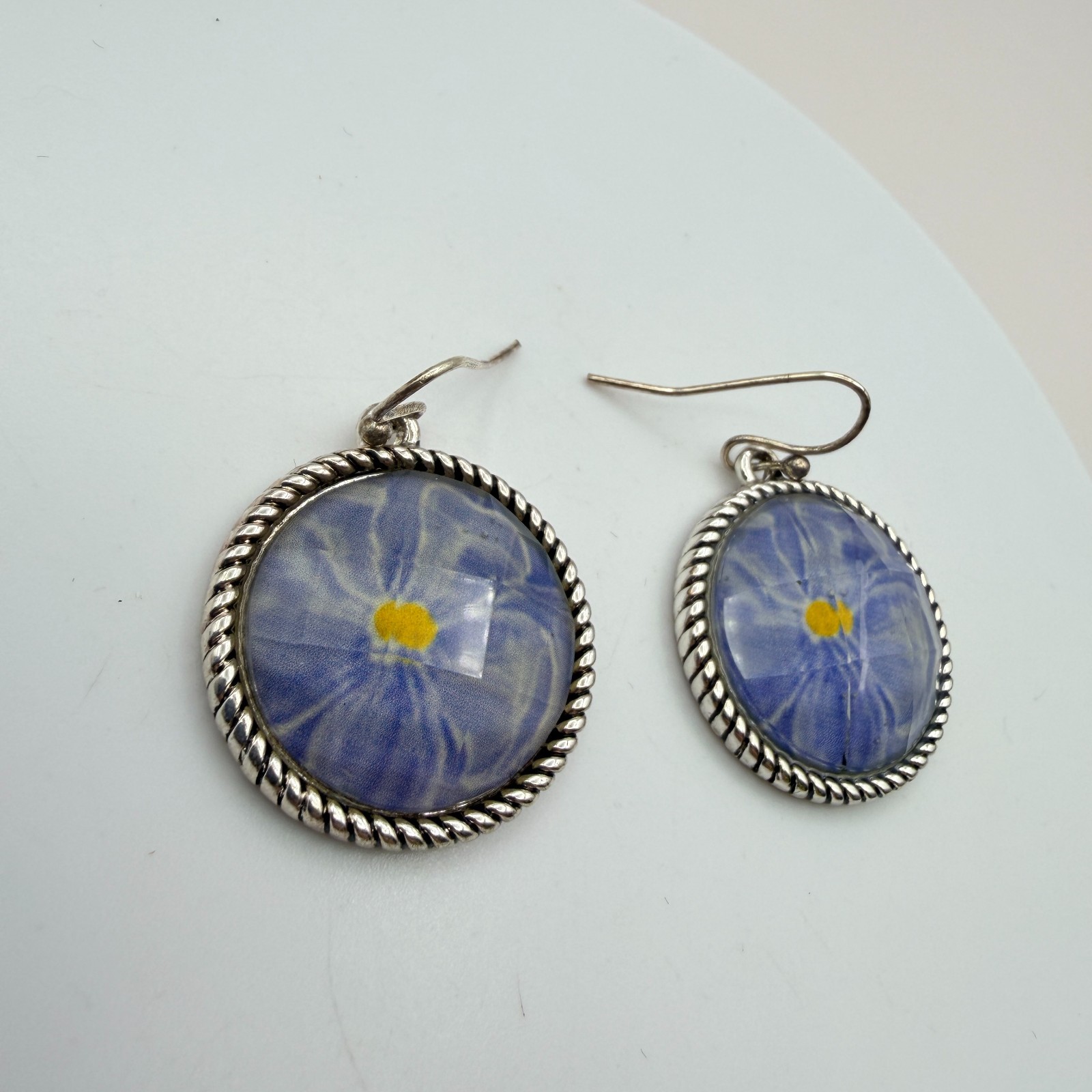 Vintage 90s Silver Tone Blue Flower Glass Cabochon Classic Fashion Jewelry Set