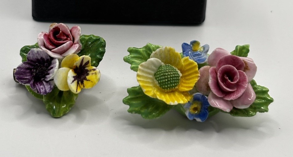 Vintage Set Of 2 Floral Bone China Pin Brooch Hand Painted In England