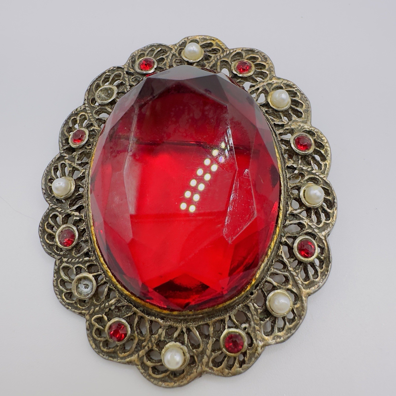 Vintage Red Glass Brooch Pendant Victorian Revival Antiqued Gold 2.75″ *READ*