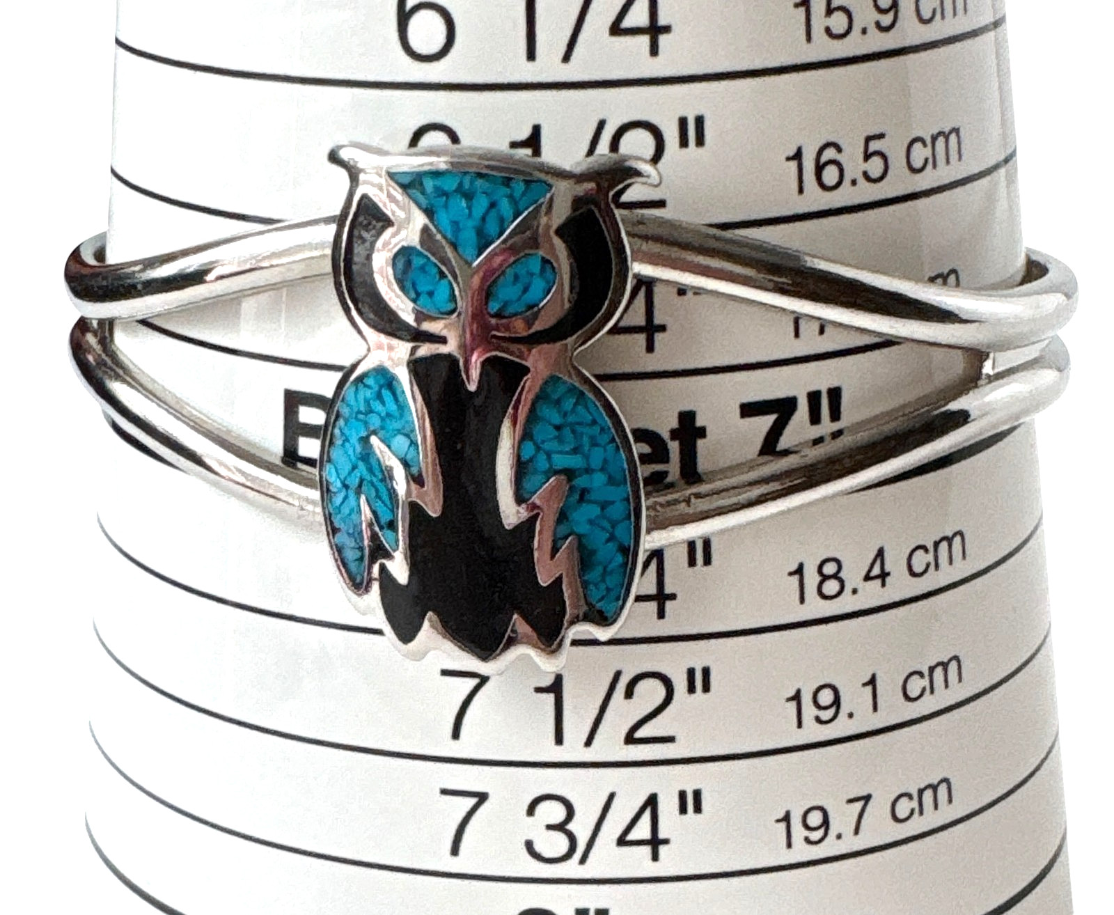 Vintage Silver Tone Owl Turquoise Chip Inlay Cuff Bracelet ~ 7″