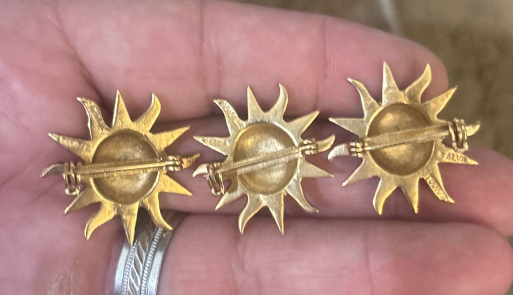 Signed ALVA Vtg M Tiny Sun Face Gold Tone Brooch Lot Three