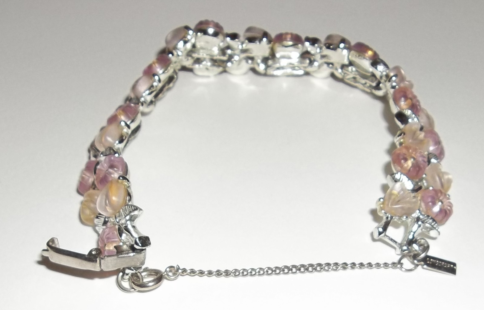 Vintage Longcraft Light Pink Off White Lucite Floral Bracelet W/ Safety Chain
