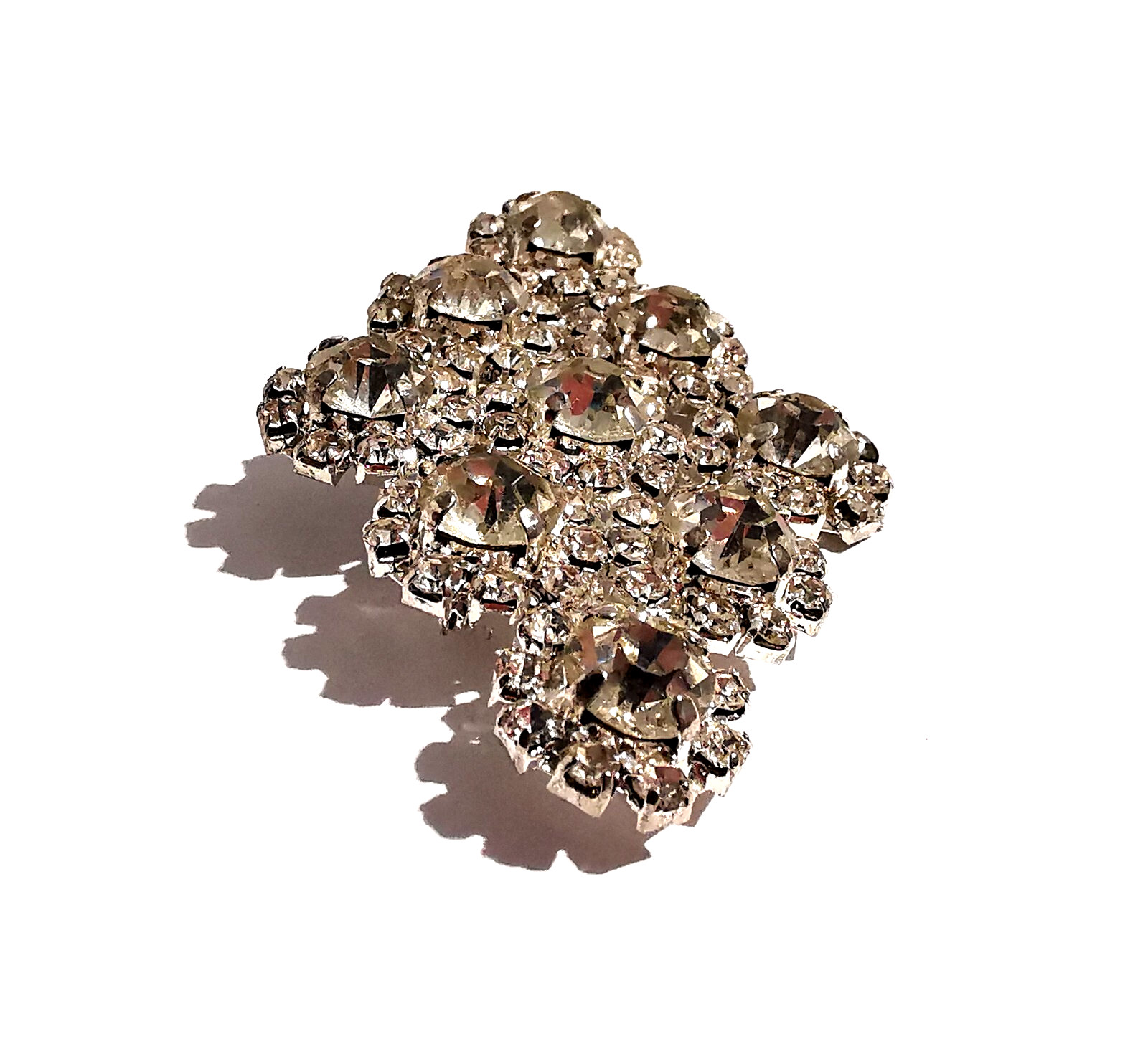 Vintage Czech Brooch Handmade Rhombus Shape Clear Colorless Rhinestones Glass