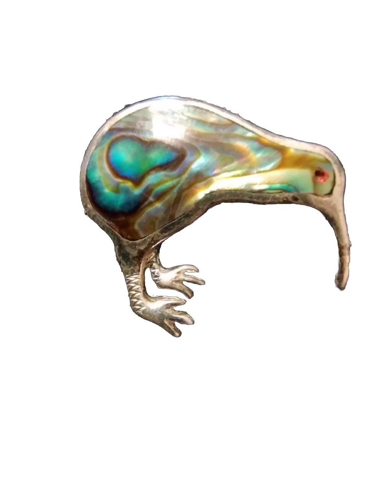 Sterling Silver New Zealand Kiwi Bird Abalone Shell Brooch Vintage Cute
