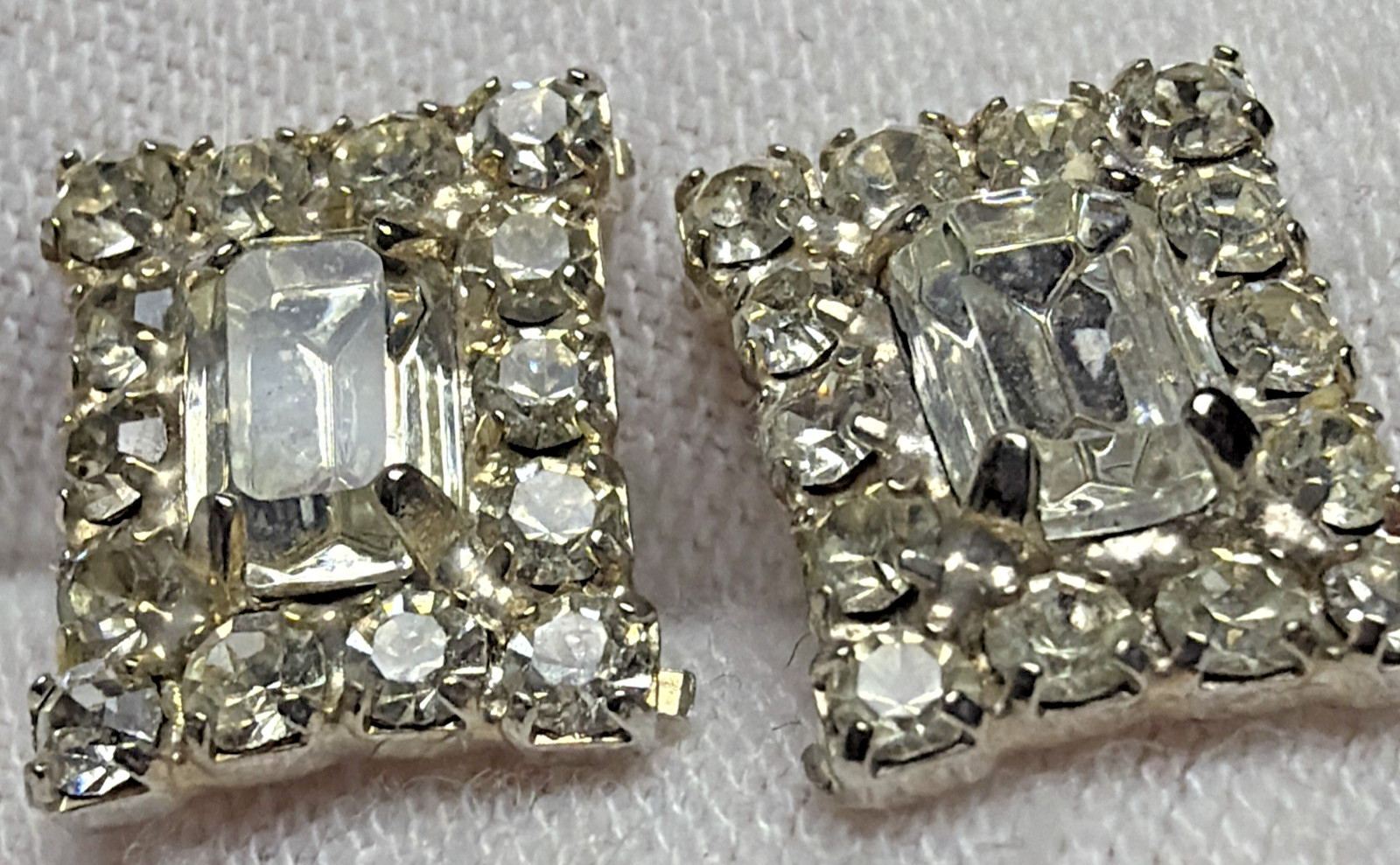 Vintage Emerald Cut Baguette Rhinestone Halo Cluster Pierced Earrings Prong Stud