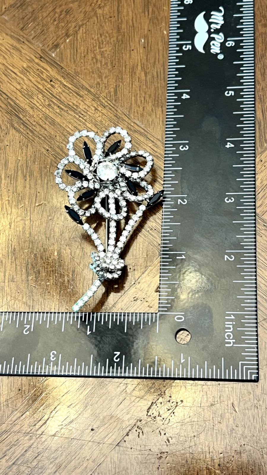 Vintage Juliana? Black & Clear Rhinestone Flower W/ Stem Brooch Silver Tone Nice