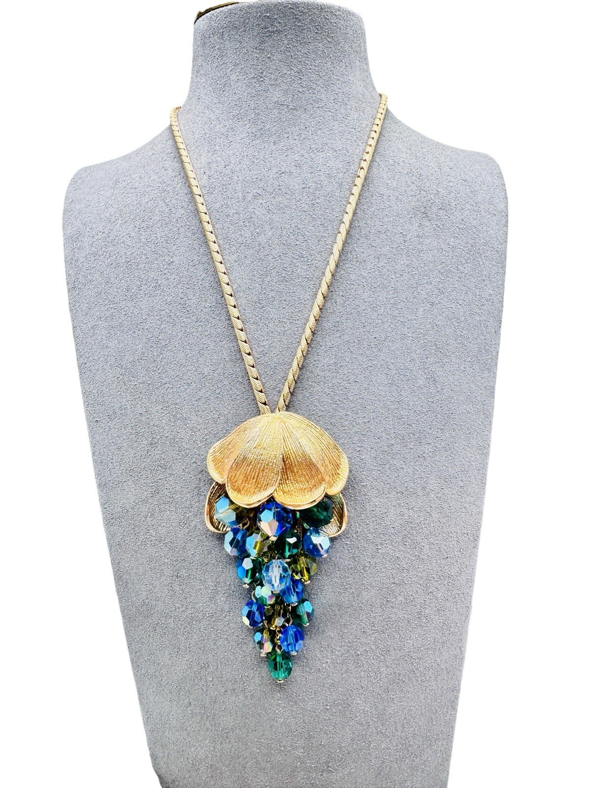 Vintage Schrager Blue Green AB Glass Dangle Bead Necklace Brooch Earrings Set
