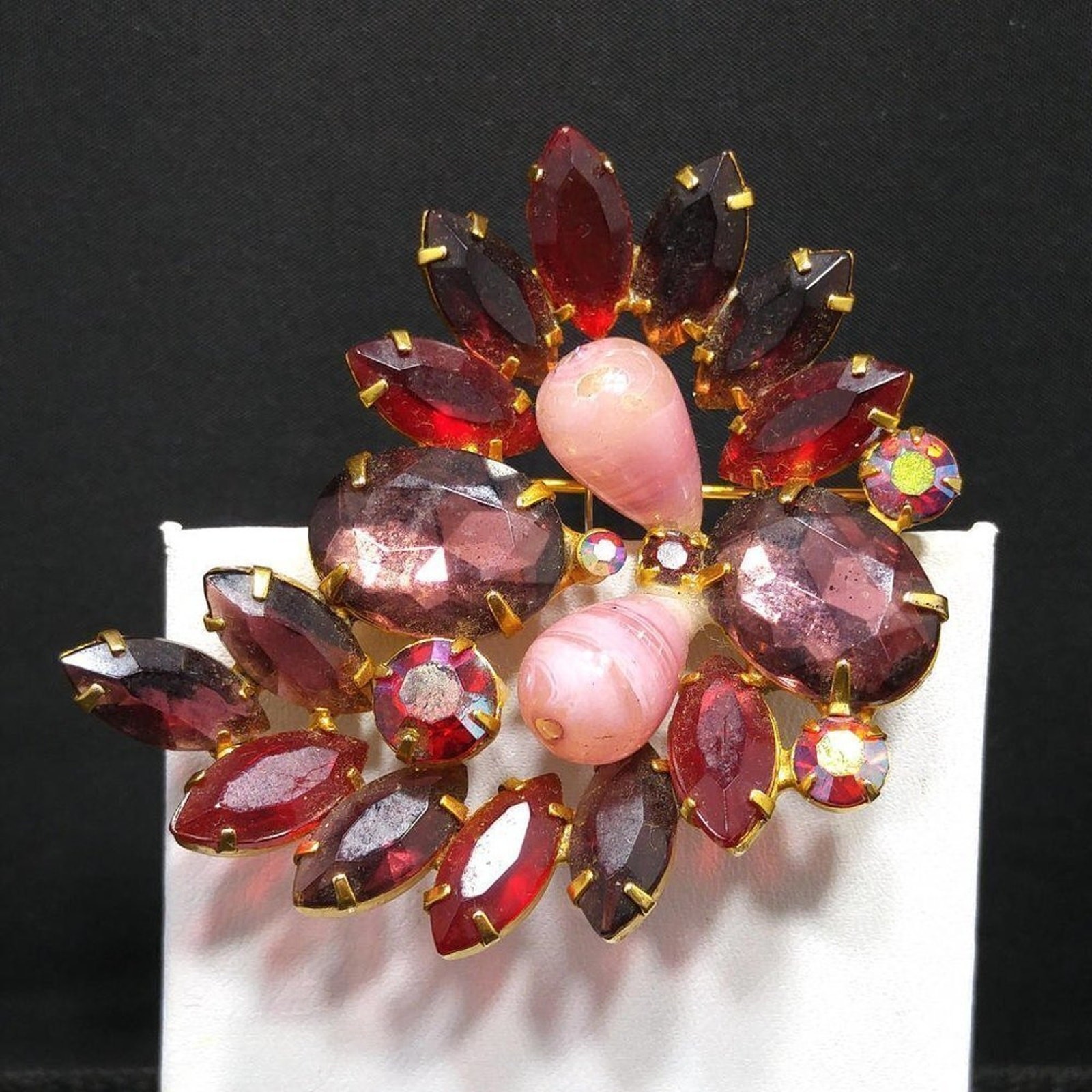 Vintage Purple Red Glass Rhinestone Brooch, Pink Lucite Beads, 2 1/4 Inches