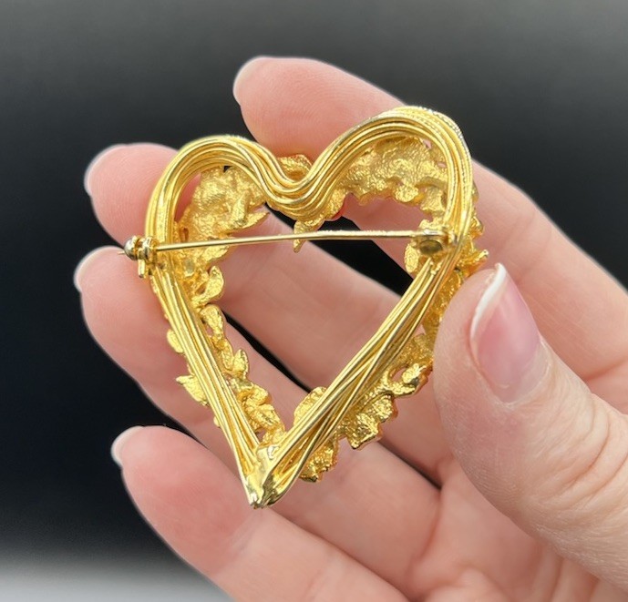 Vintage Gold Plated, Enamel, Flowered Heart Brooch