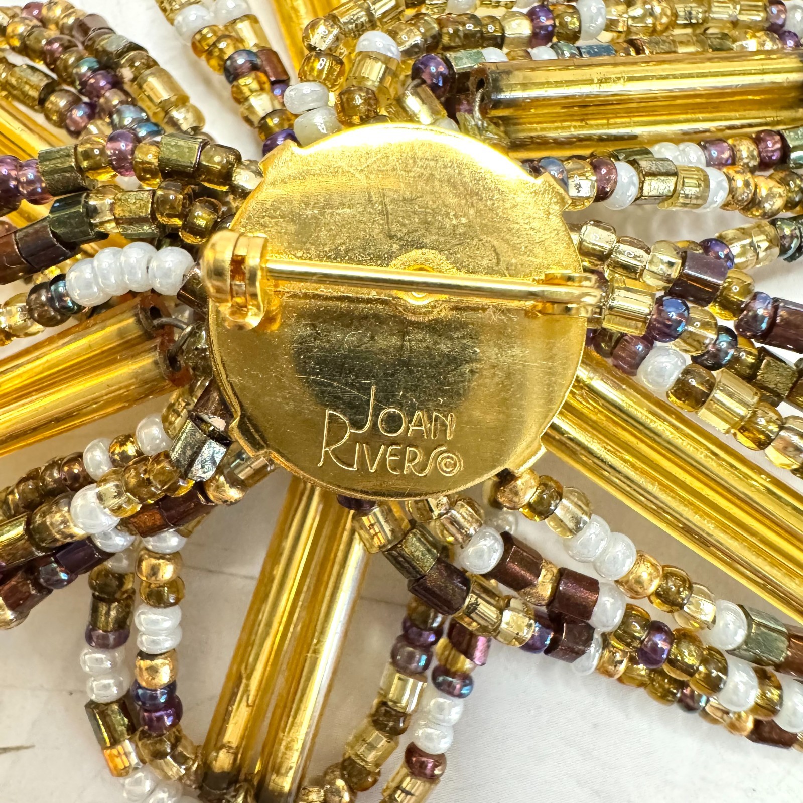 Vintage Joan Rivers Flower Brooch Pin Gold Tone Glass Beaded Signed 3″ Retro EUC