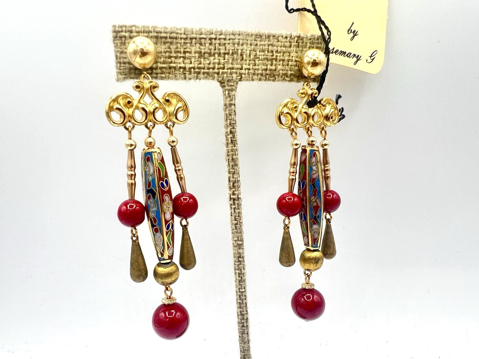 Vintage Gold Red Cloisonné Bead Artisan Dangle Earrings New Old Stock NOS